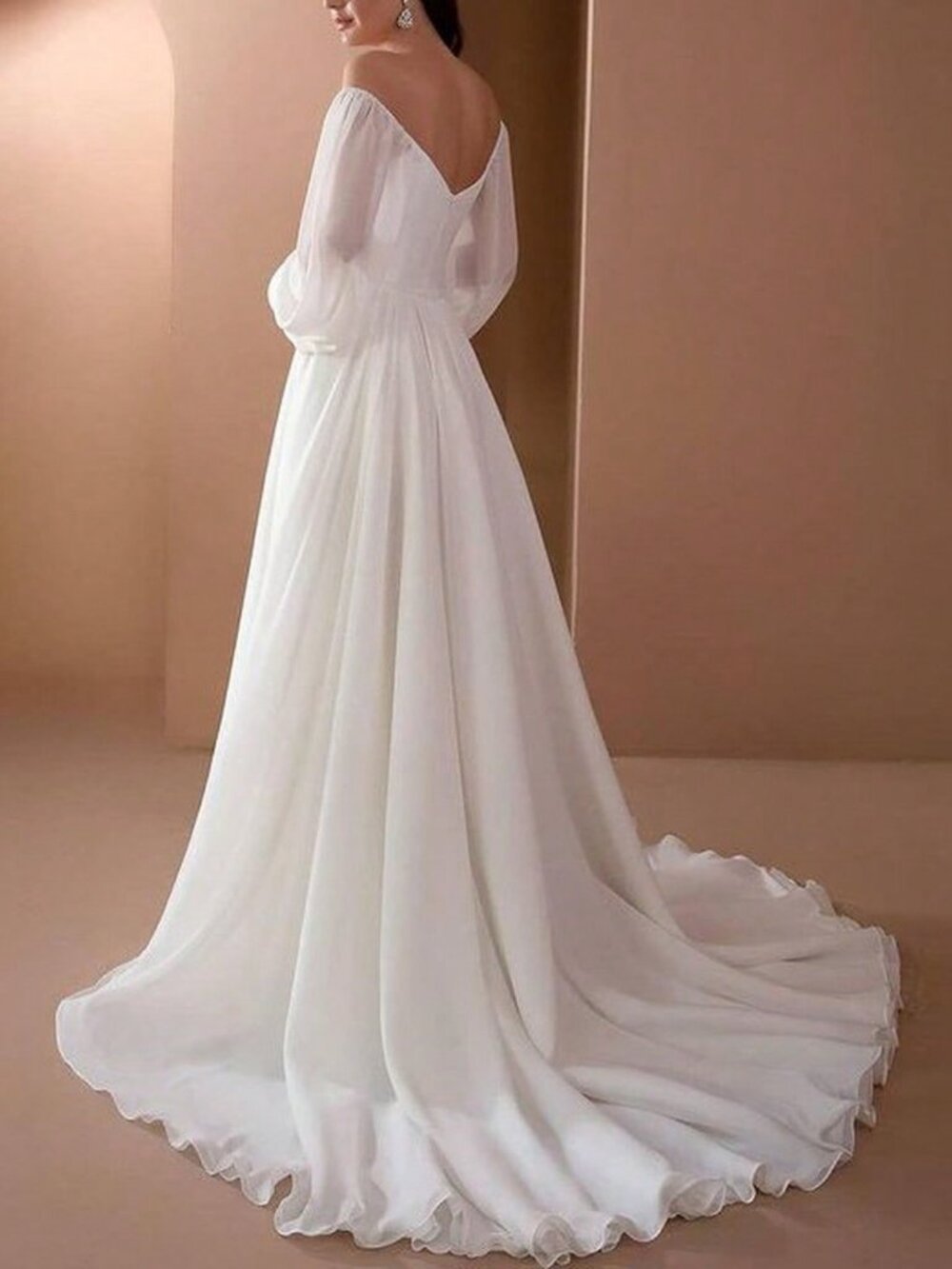 White Boho Women's Chiffon Off The Shoulder Long Sleeve A-Line Maxi Dress - Picture 6 of 9